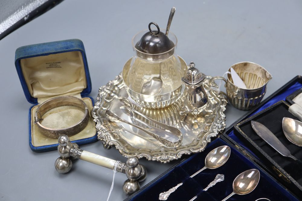 A silver circular waiter and sundry other silver items,